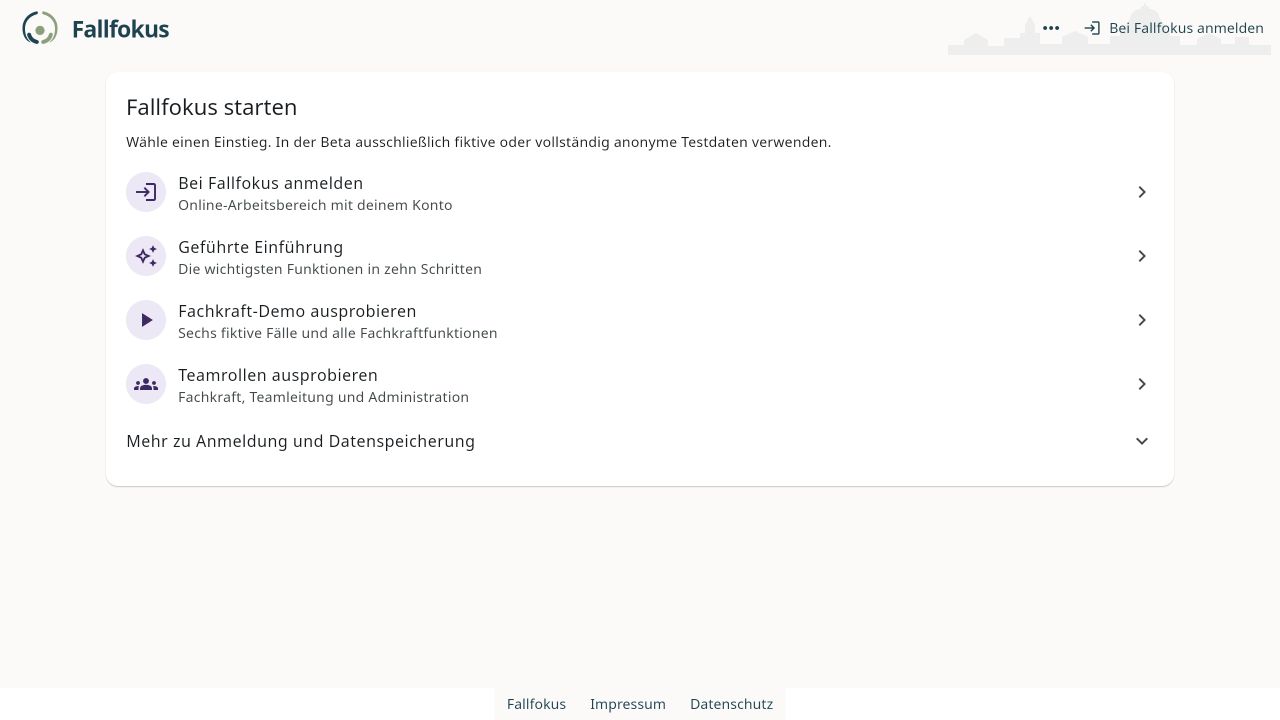 Echte Ansicht der Fallfokus-Testversion mit geführter Einführung und Demo-Einstiegen