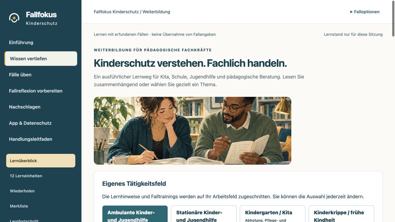 Fallfokus Kinderschutz: Lernbereich mit Tätigkeitsfeldern und klarer Navigation